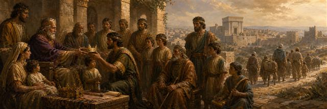 Generations of David’s household passing a crown and royal tokens in Jerusalem